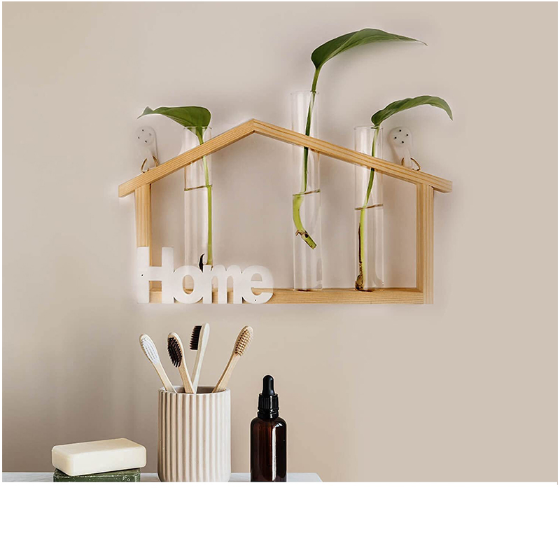 Wooden Stand Wall Hanging Planters with 3 Hydroponic Plant Glass Vase for Home Office