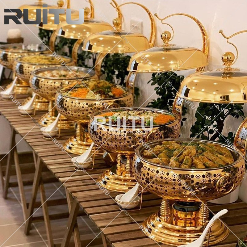 Antique Dish Designs Food Warmer Chauffrandise Chaffing Dish Stainless Steel Cheffing Dishes Gold Buffet Fancy Hanging Lid Chaffer Dishes for Catering
