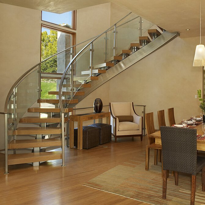 Wooden Staircase Glass Railing Wood Tread Curved Stairs for Villa