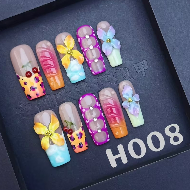 Pastel Micro Fruit Press on Nails with 3D Floating Flowers