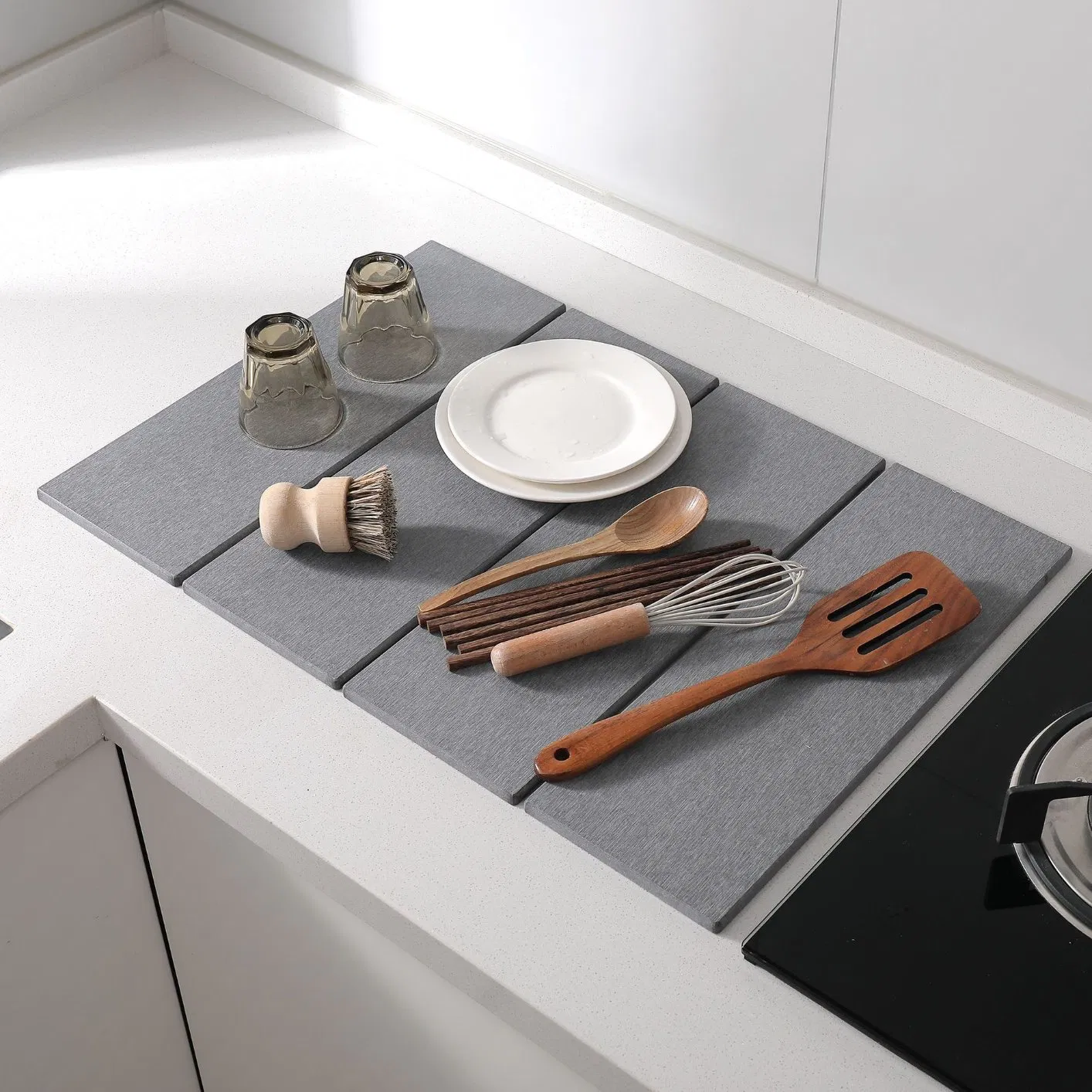 Custom Foldable Diatomaceous Earth Dish Drying Mats Absorbent Collapsible Stone Dish Drying Mat for Kitchen Counter