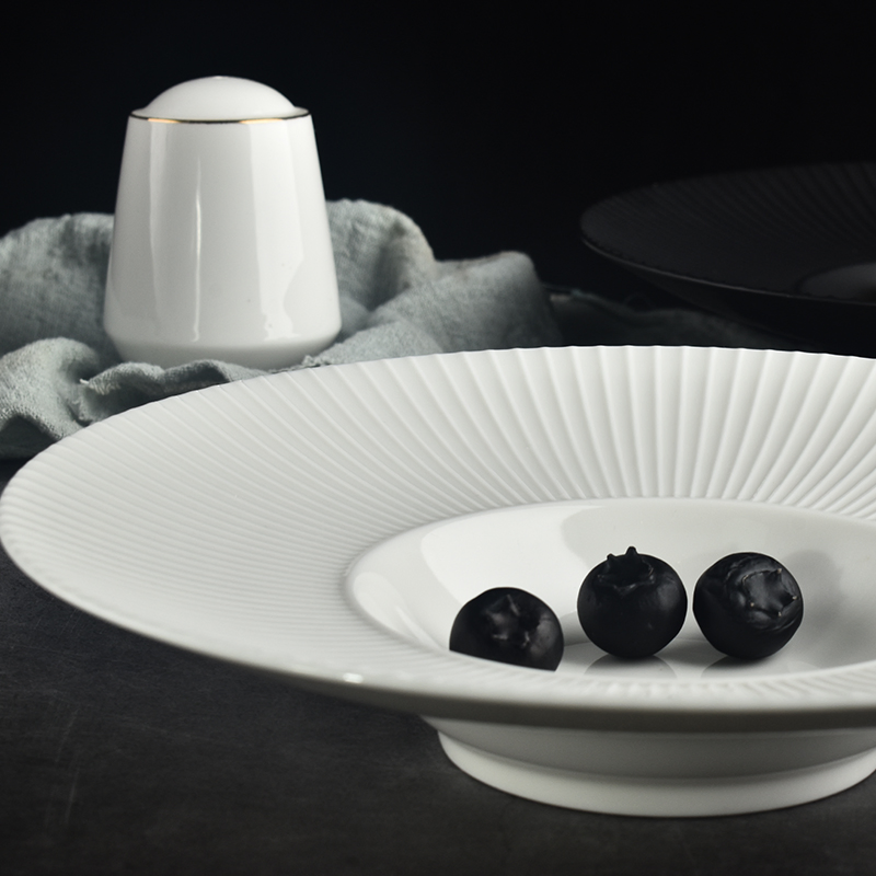 European Porcelain Round Hat Shaped Deep Borscht Soup Bowl with Embossed Line Design