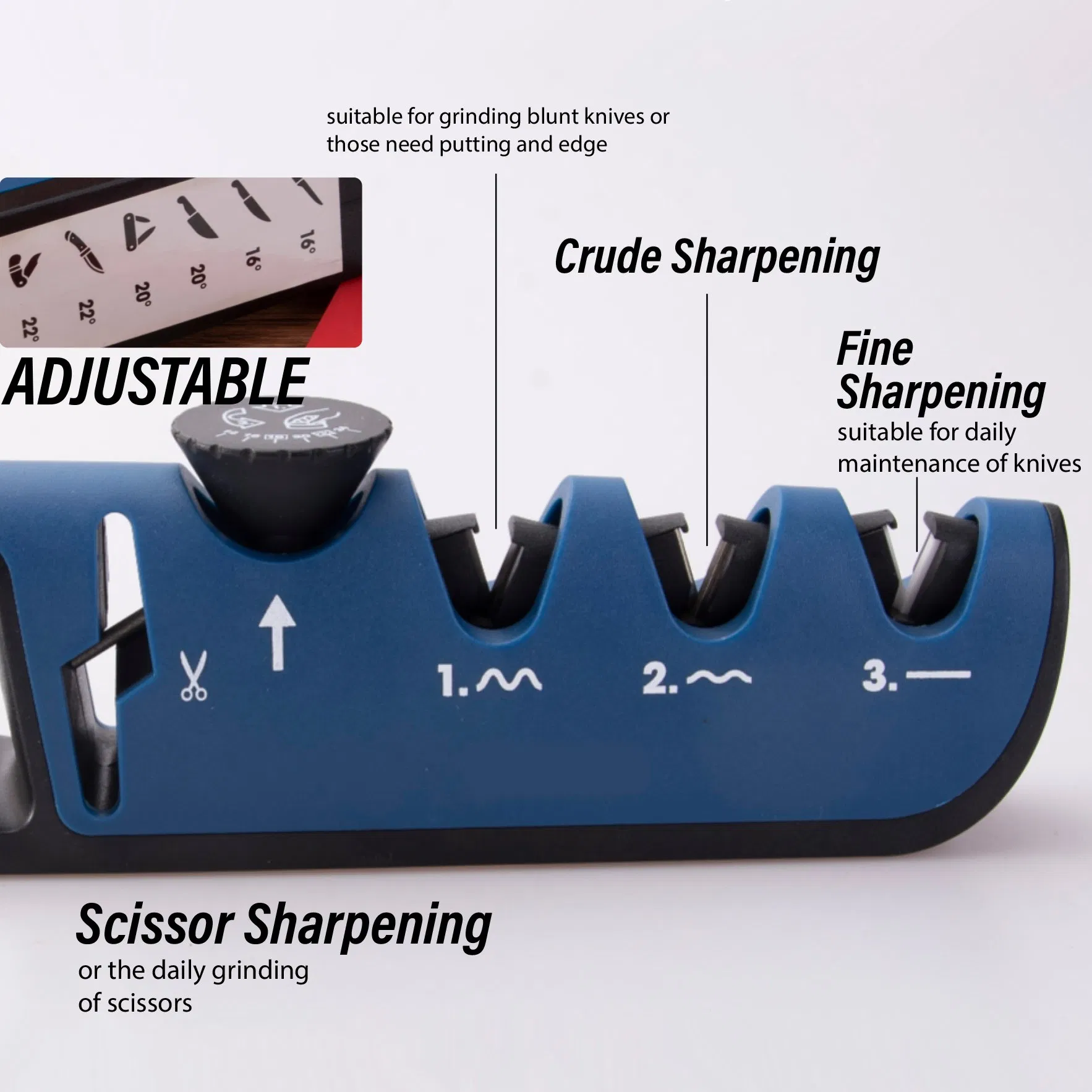 Blue Adjustable Manual Knife Sharpener 16-22° 3-Stage with Scissor Sharpening Slot