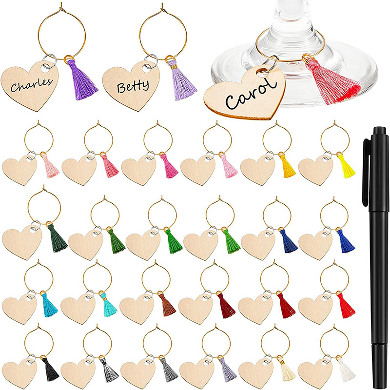 Custom Maple Poywood Wng Gwp Champaign Glass Tag Valentine′ S Day Party Creative Wine Glass Ring Recognizer Wood Love Decoration Tassel Wine Glass Ring