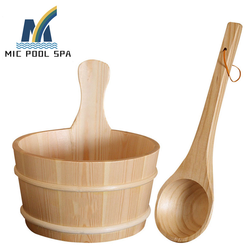 Infrared Dry Sauna Room Accessories Wooden Sauna Bucket and Spoon, Sauna Drum with Scoop