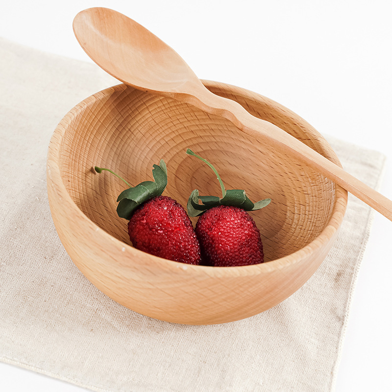 Creative Beech Solid Color Family Wooden Round Salad Bowl