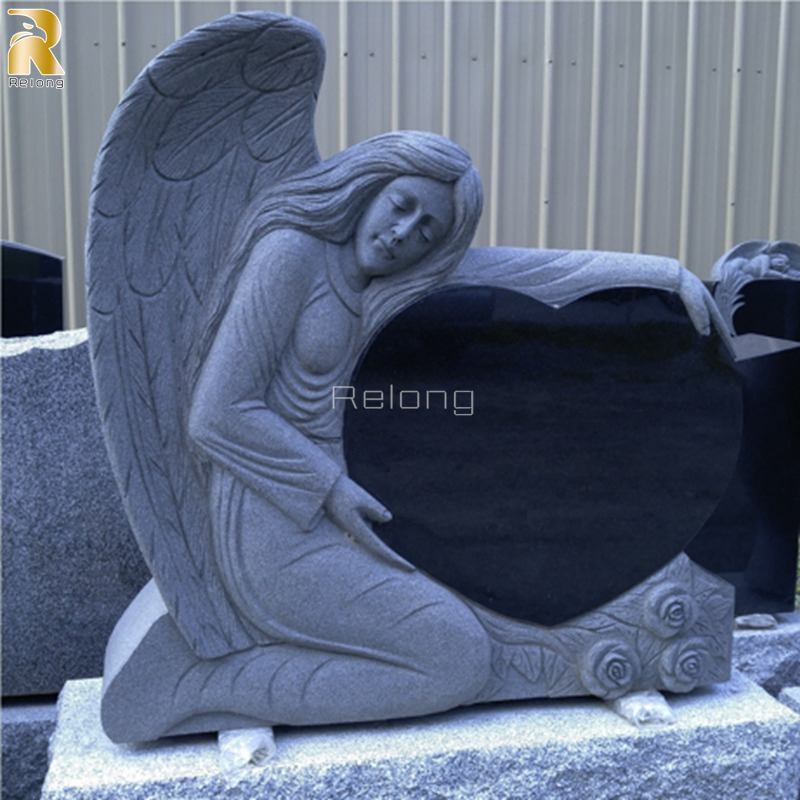 European Style Black Heart Granite Double Headstones with Carved Angel Statue
