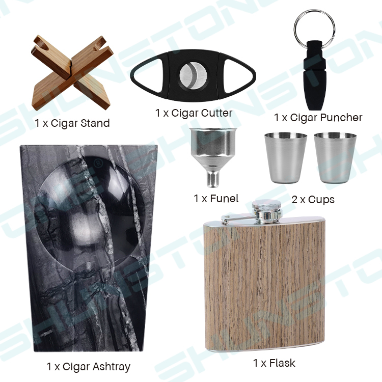 Marble Cigar Ashtray Whiskey Pocket Flask Gift Set with Black Wooden Box