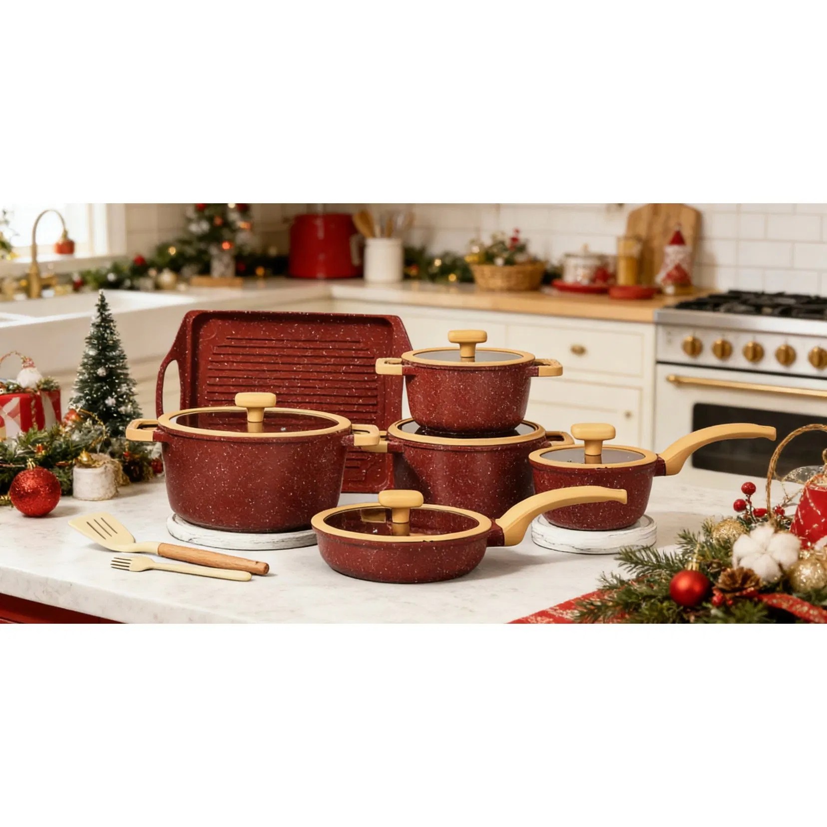 Factory Festive Red Cookware Set Sauce Pan Kitchenware Casserole Fry Pot Ceramic Marble