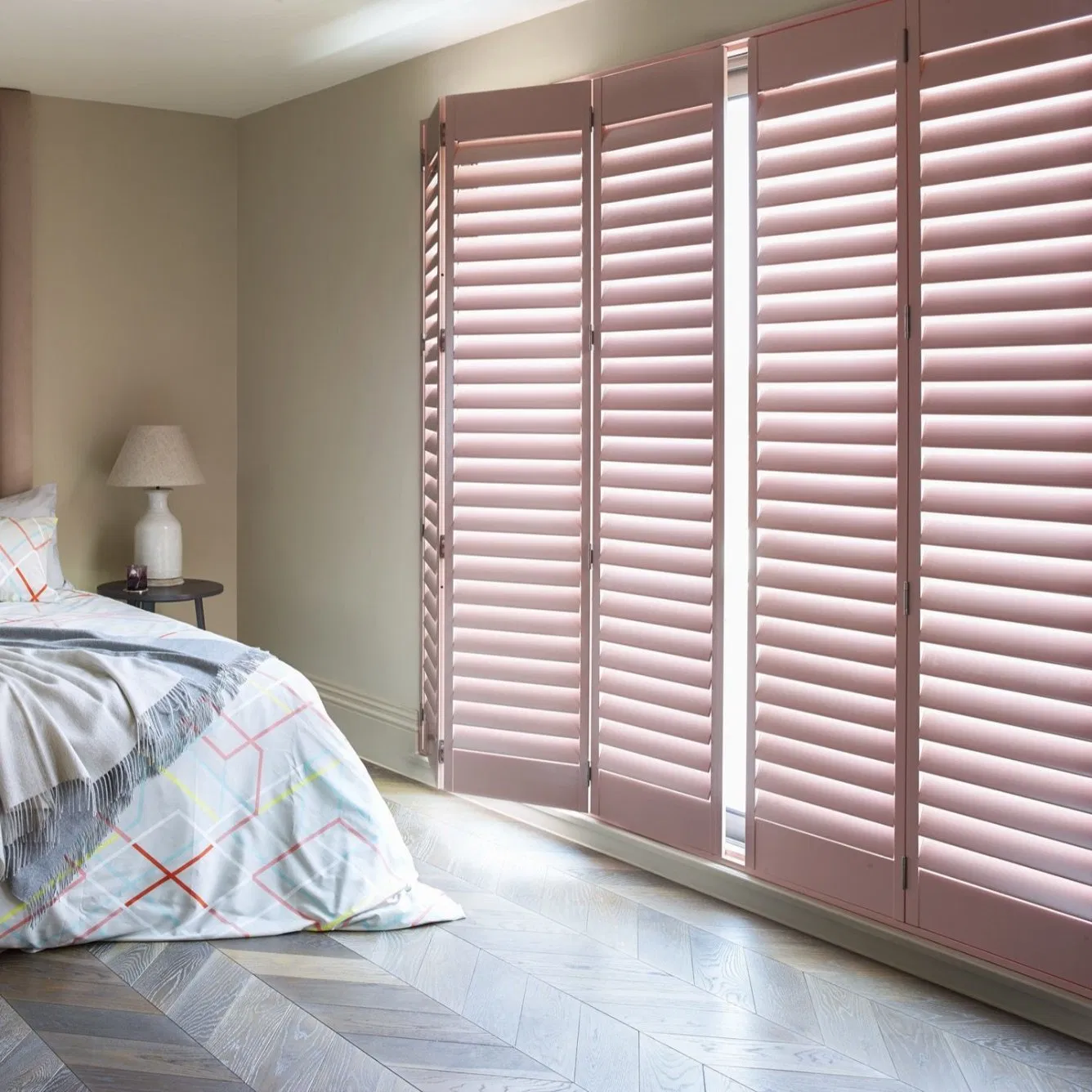 White Horizontal Louver Wood Plantation Shutters