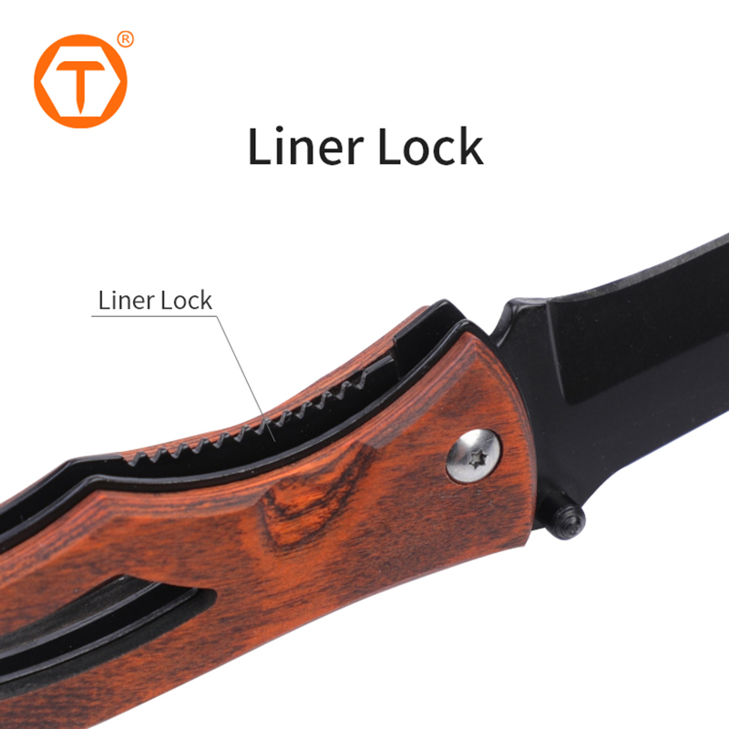 OEM 115mm Black Blade Outdoor Rescue Folding Pocket Knives with Hollow Wooden Handle