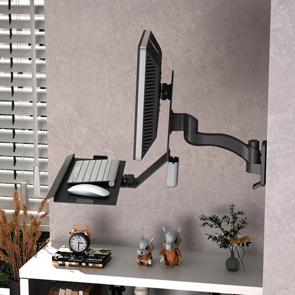 Factory Direct Adjustable Wall Metal Monitor Mount Bracket with Mouse Holder&Keyboard Tray for Industry or Hospital or Clinic Use