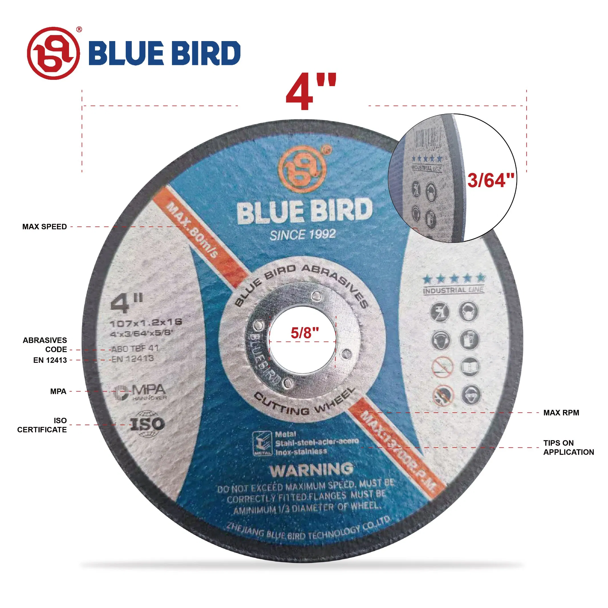 China Blue Bird 4 Inch Abrasive Tools Cutting Disc Cutting Wheel for Inox and Metal a