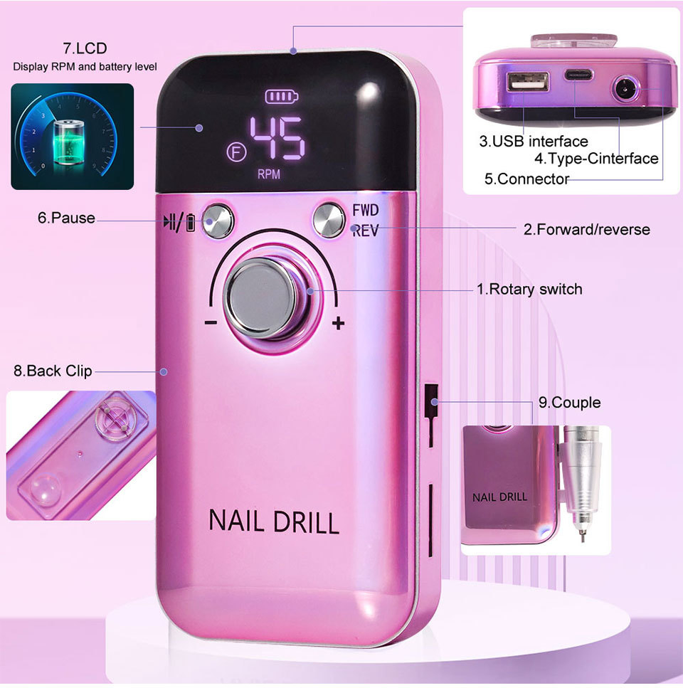 Wholesale Pink Portable 45000 Rpm Strong Nail Drill Manicure Machine