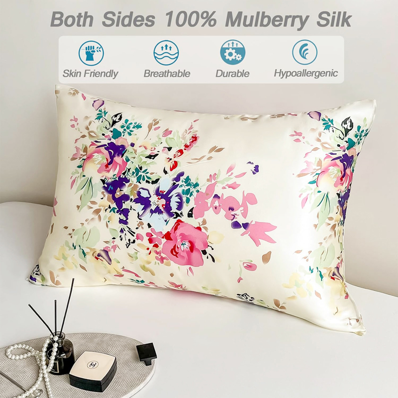 6A Grade Mulberry Silk Pillowcase for Hair and Skin Soft Cooling Both Sides Natural Slip Silk, Floral Print with Zipper