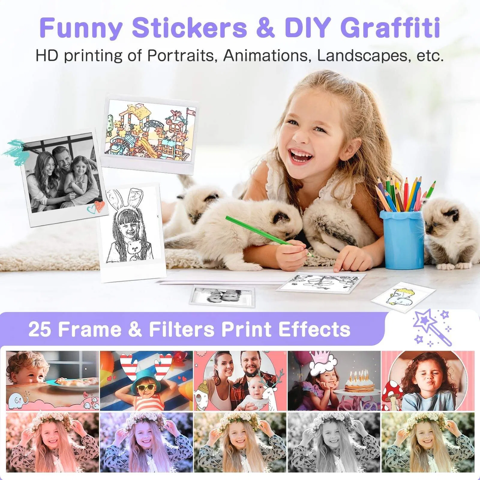 HD Digital Take Photo Video Camera 2 Inch Rechargeable Kids 2.4'' HD Color Screen 1080P Mini Digital Camera Children Toy Instant Print Photo Camera