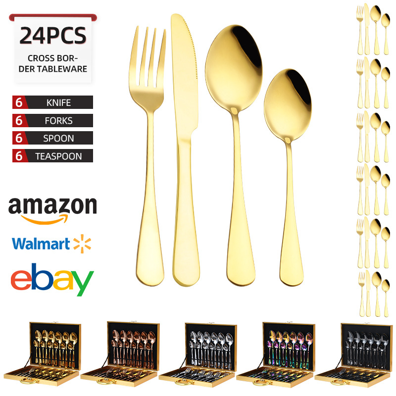 Cutlery Set Knife Fork Spoon Cutlery 24PCS Flatware Sets Stainless Steel Set Gold Silverwaret for Wedding