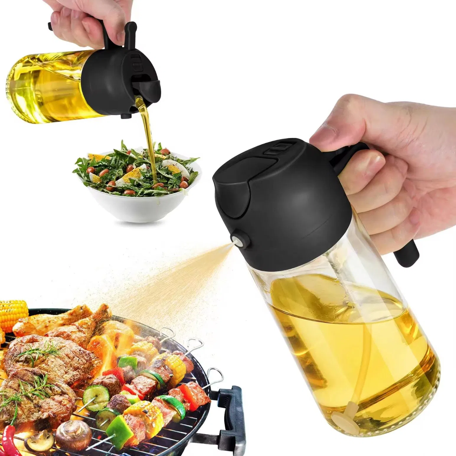 Custom Logo Dark Green 16oz Oil Dispenser Pourer Bottle 2 in 1 Kitchen Cooking Olive Oil Sprayer for Air Fryer Salad Barbecue Baking Oil Sprayer Bottle