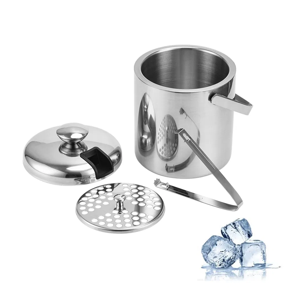 Stainless Steel 1.3L Ice Bucket with Lid and Tong Champagne Bucket Double-Deck Ice Cube Container Champagne Cooler