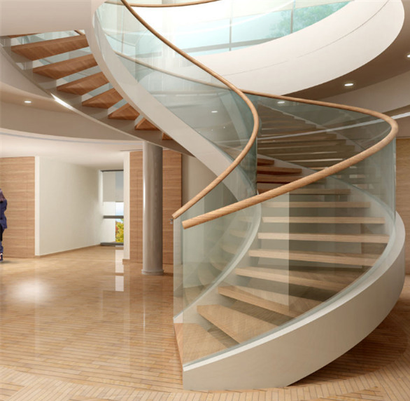 Curved Stairs Design with Wooden Stairs Tread and Glass Railing