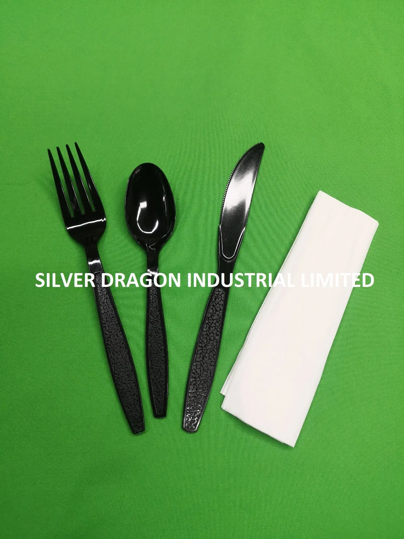 Black Disposable PS Plastic Cutlery Set (includes fork, knife, spoon & tissue each)