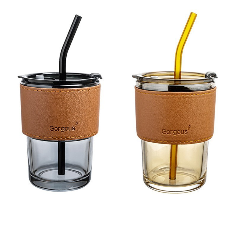 14oz Bamboo Shape Glass Coffee Cup Glass Milk Mug Glass Tea Cups with Straw and Lid