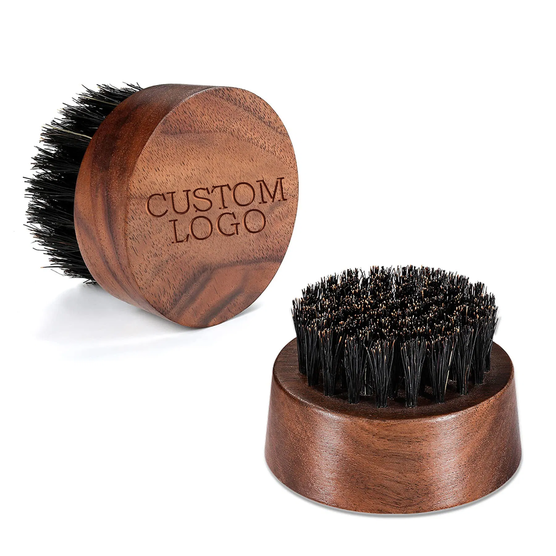Natural Wooden Handle Carve Free Hair Brush for Beard Custom Logoround Mini Boar Bristles Men Beard Brush