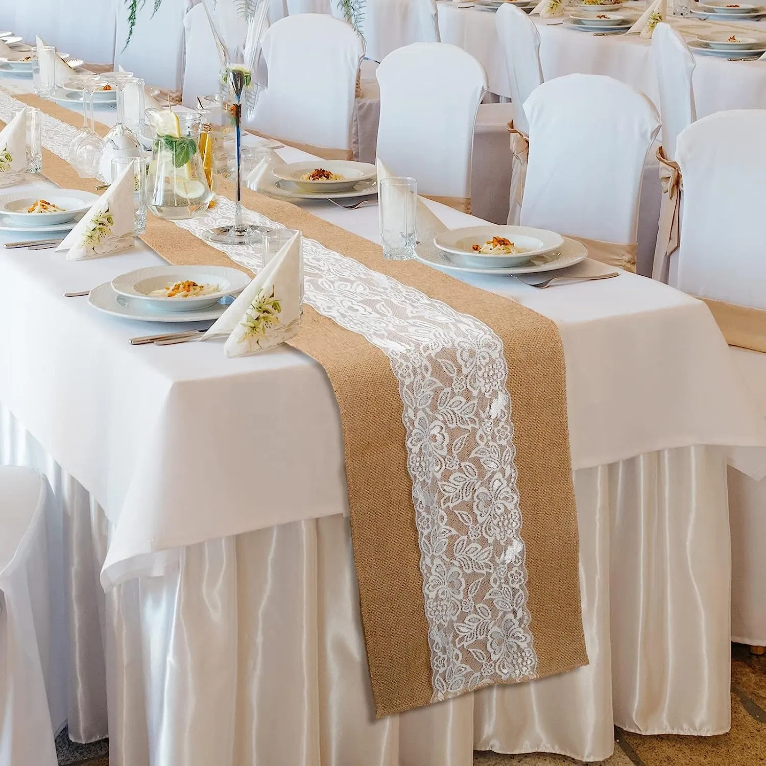 Burlap Table Runner with White Lace Hessian Table Cloth