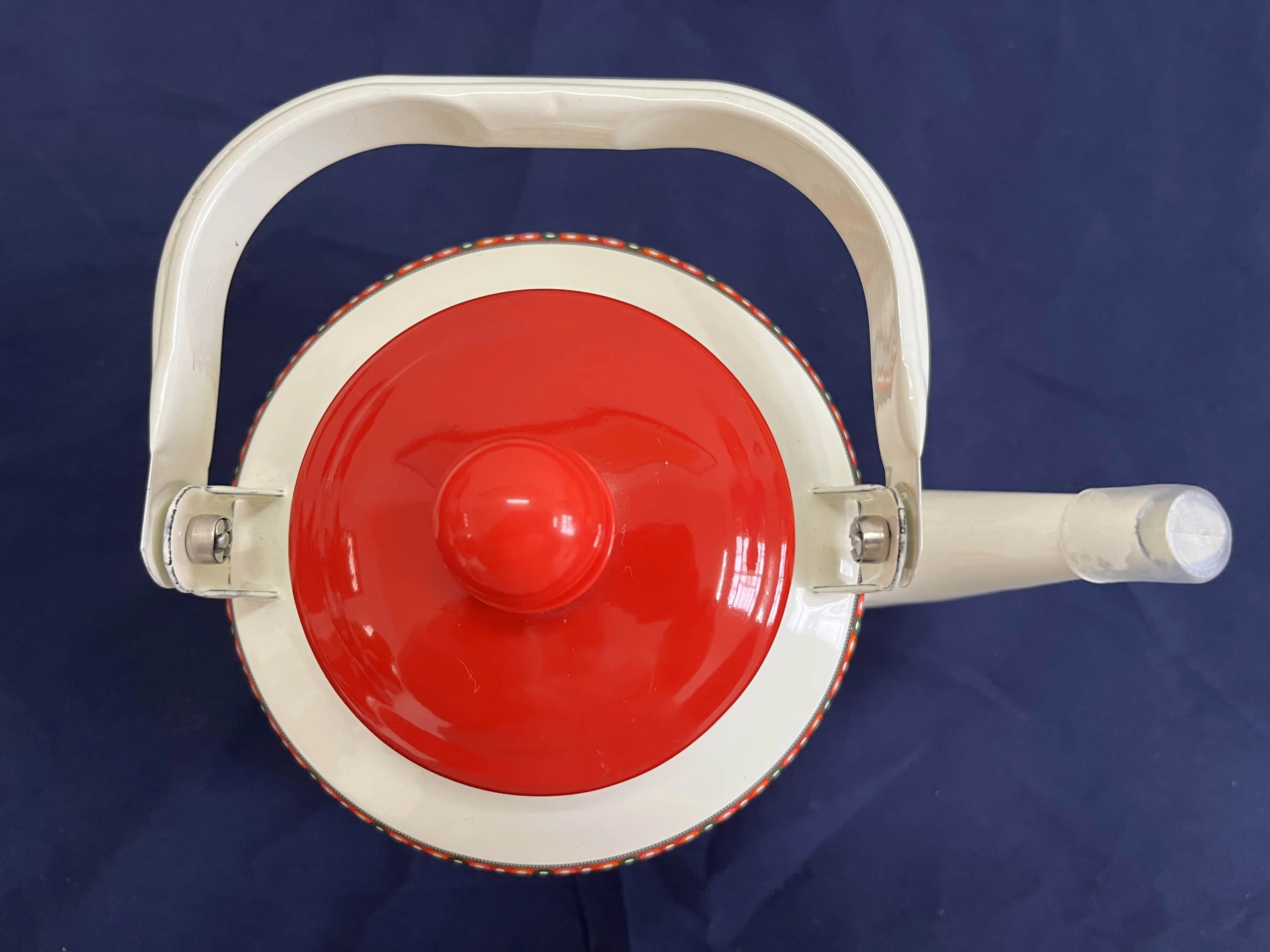 Cream White Enamel Teapot with Symmetrical Pattern and Red Lid