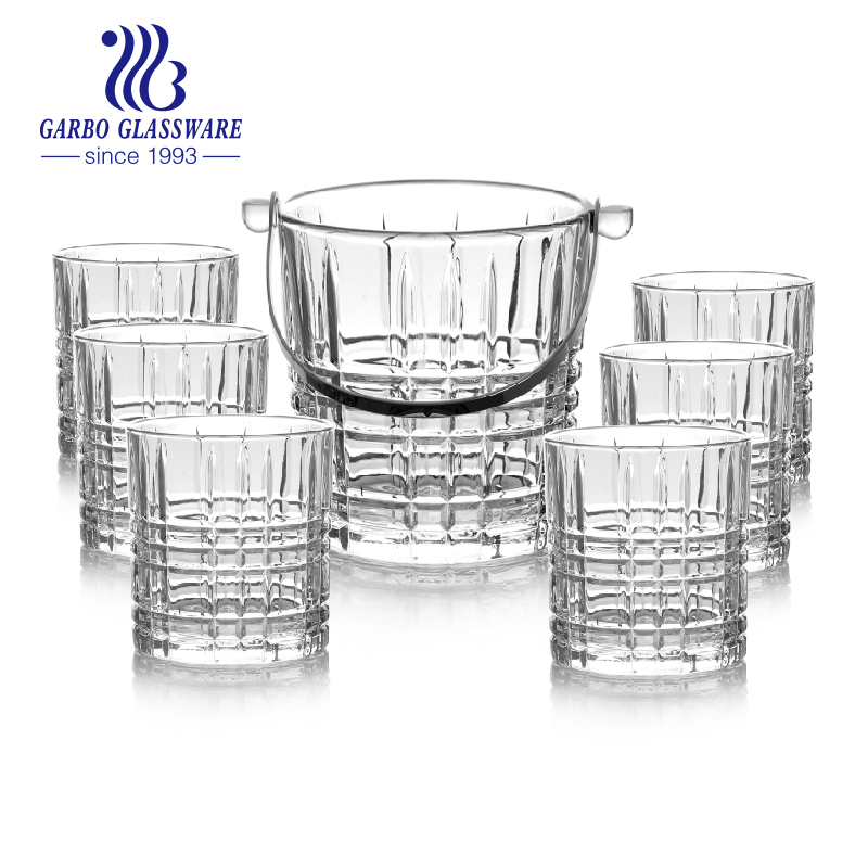 Wholesale High White 7PCS Glass Ice Bucket Set and 11oz Glass Whisky Tumblers with Iron Handle