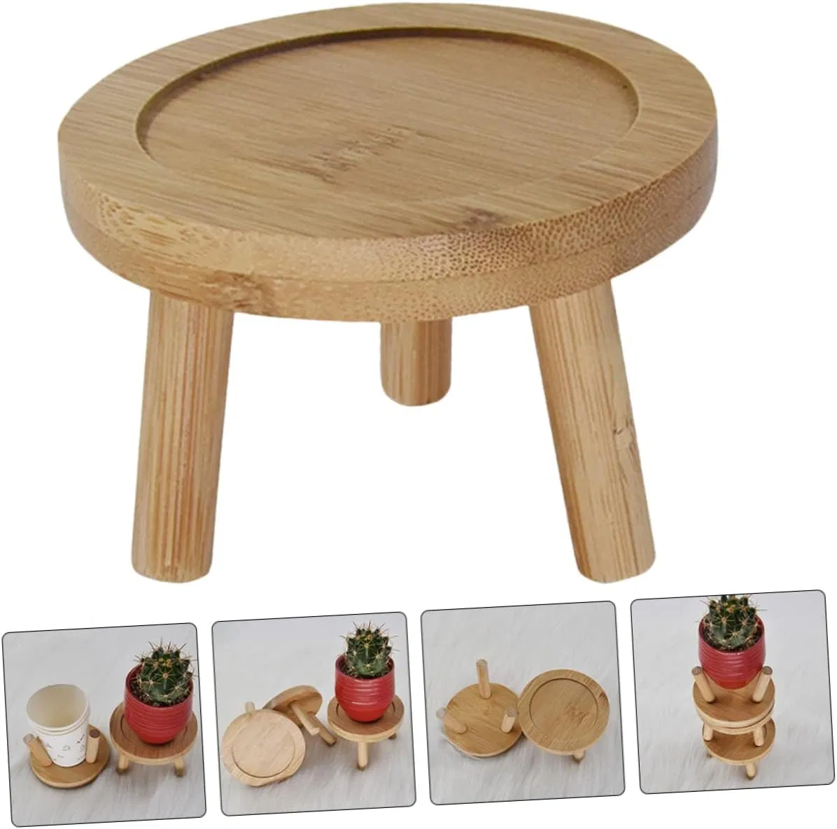 Bamboo Household Desktop with 2 Sets of Succulent Cactus Potted Plants, Base, Flower Rack