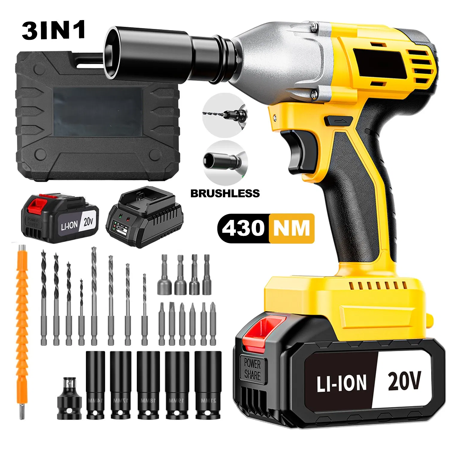 20V Cordless Wrench, Impact Wrench, 430nm, 3 in 1 Impact Gun, Electric Drill, Electric Impact Wrench Set for Car, Support OEM/ODM