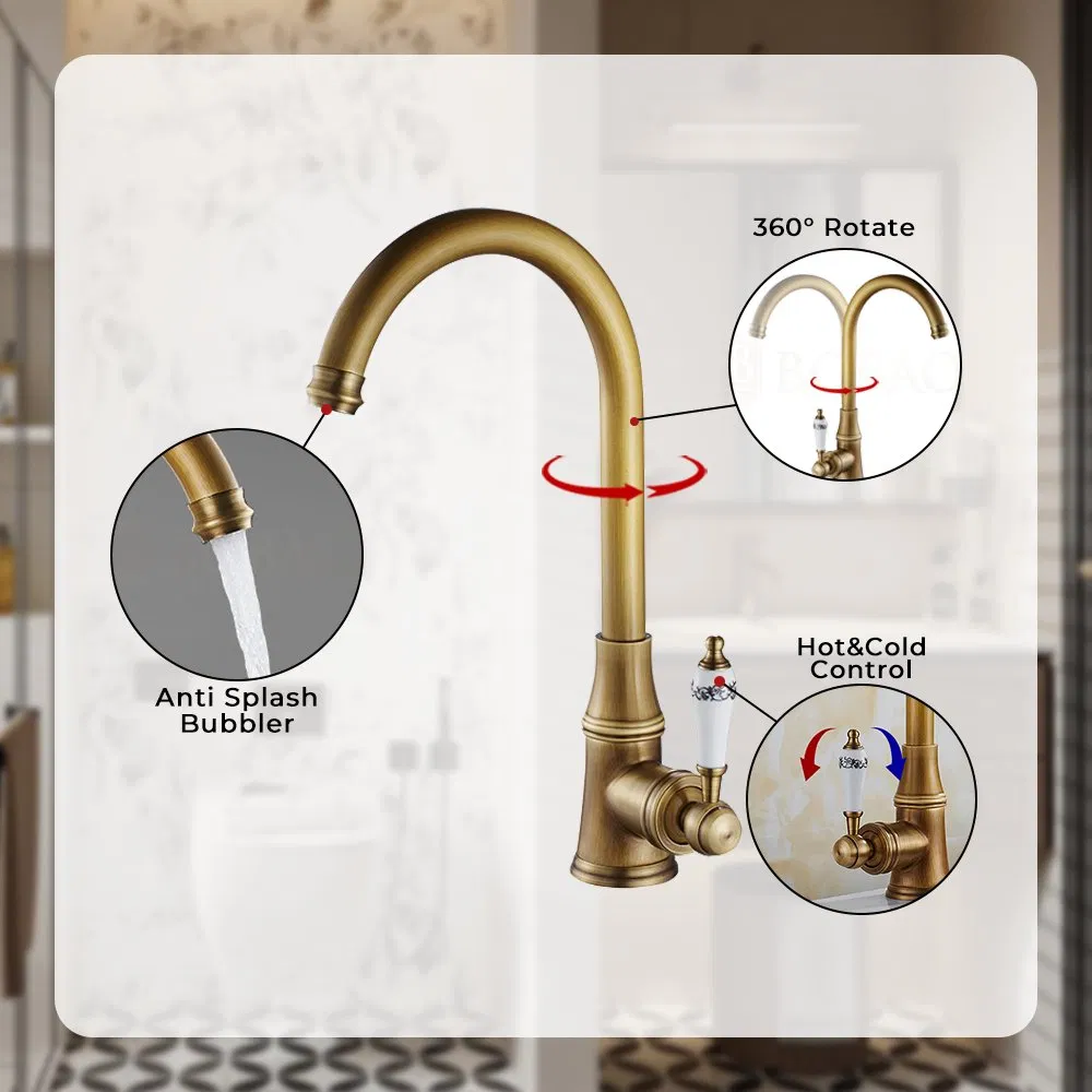 Classic Antique Luxury Hot Cold Water Brass Kitchen Sink Faucet