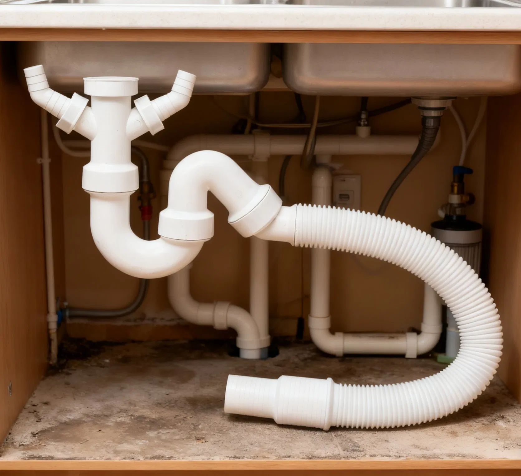 Flexible PP Pipe Kitchen Sink Drainer with Dual Water Overflow Ports