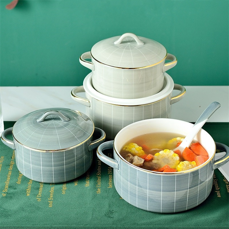 Binaural Large Ceramic Soup Bowls with Handles Lid Household Ceramic Tableware Light Luxury Phnom Penh European-Style Soup Basin Instant Noodle Bowl