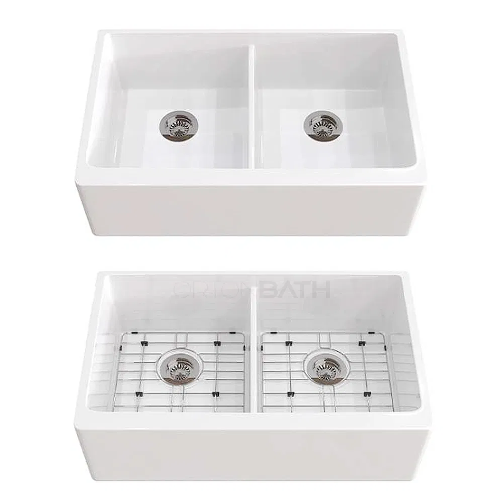 Ortonbath Farmhouse Sink 33 Inch - Apron Front Kitchen Sink Reversible Double Sink, Undermount Installation, Farm House Style Double Bowl Sink