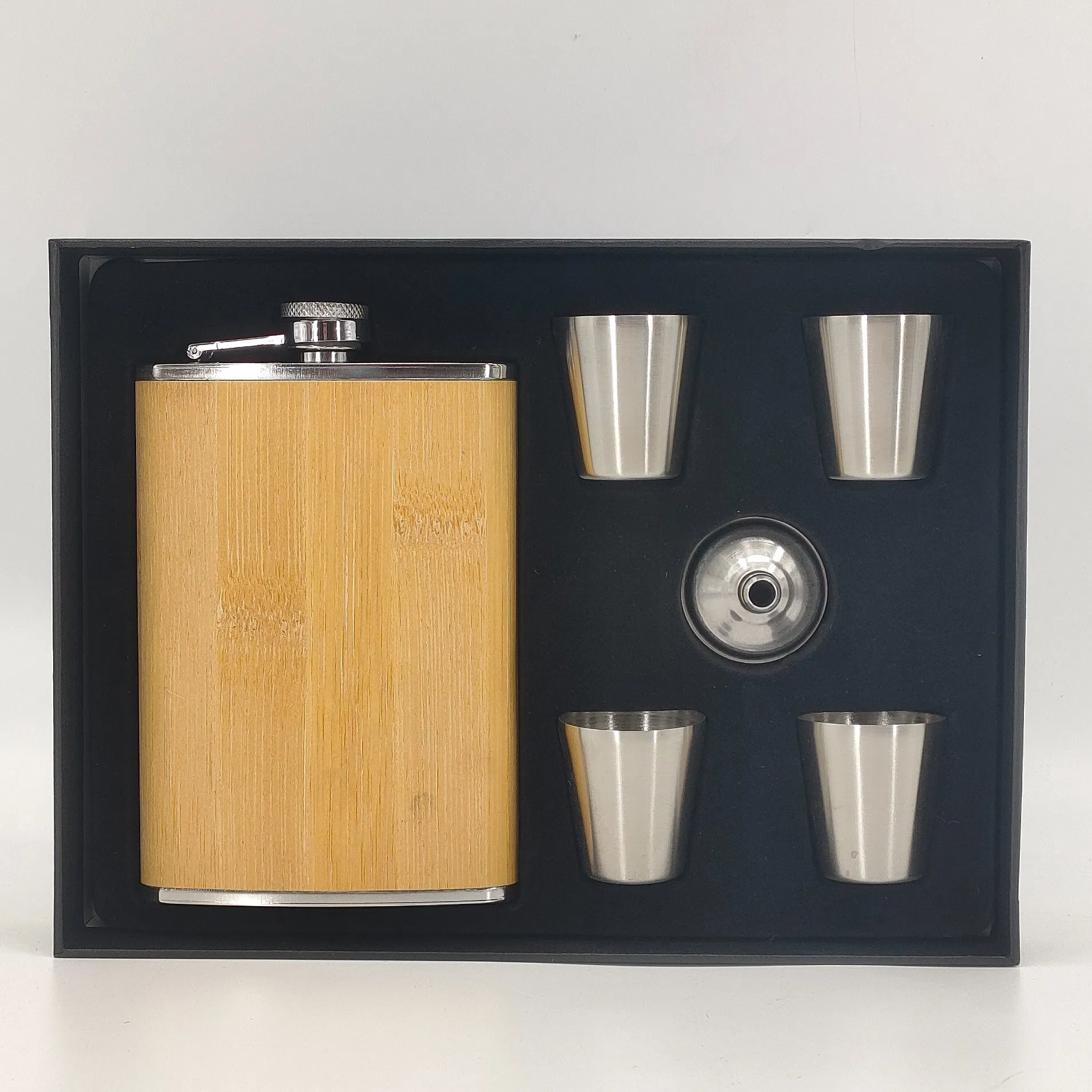 Bamboo Stainless Steel Flask Set with Shot Glasses & Funnel
