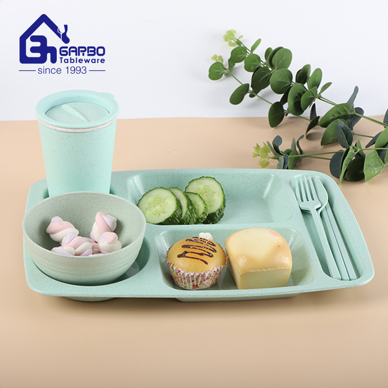 Wholesale Restaurant Plastic Cheap Colored Wheat Straw 5PCS Dinner Serving Set