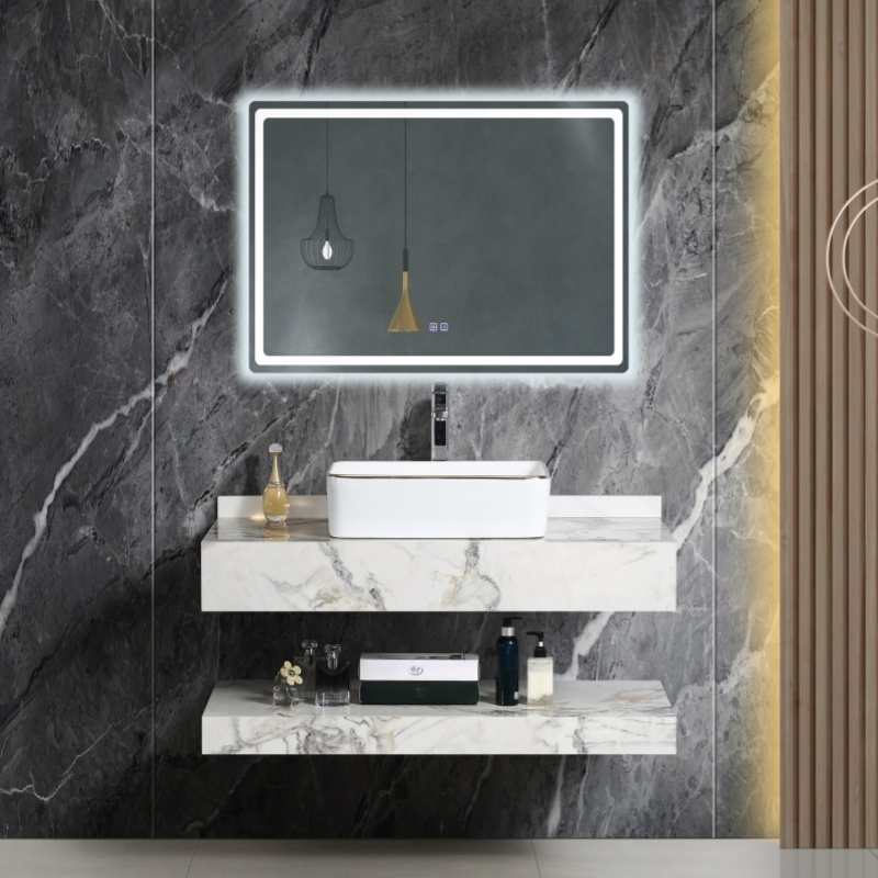 Wall Mounted White Marble Sintered Stone Cabinet Wash Basin Floating Bathroom Vanities with Mirror