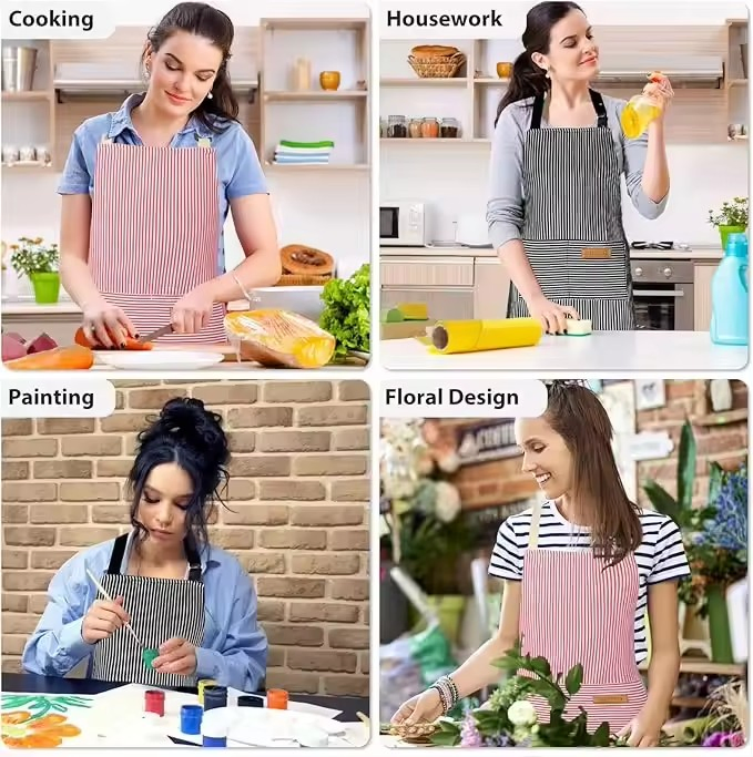Unisex Stripe Adjustable Neck Strap Soft Polyester-Cotton Bib Chef Kitchen Cooking Aprons
