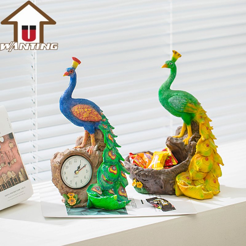 New Peacock Clock Animal Craft Creative Home Decor Desktop Ornament Business Gift
