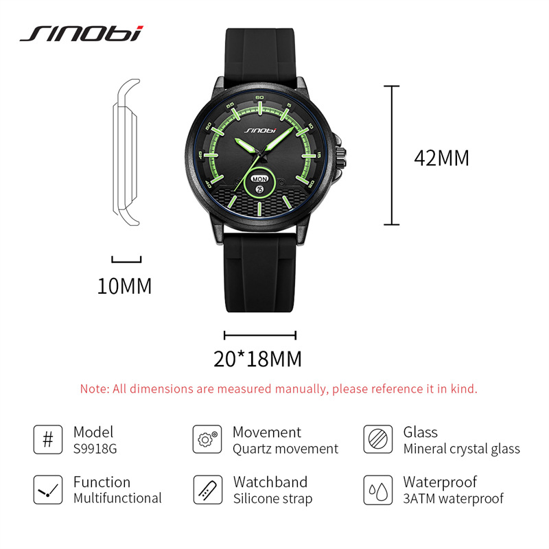 Sinobi S9918g Fashion Sports Men's Multi-Functional Calendar Waterproof Silicone Quartz Watch