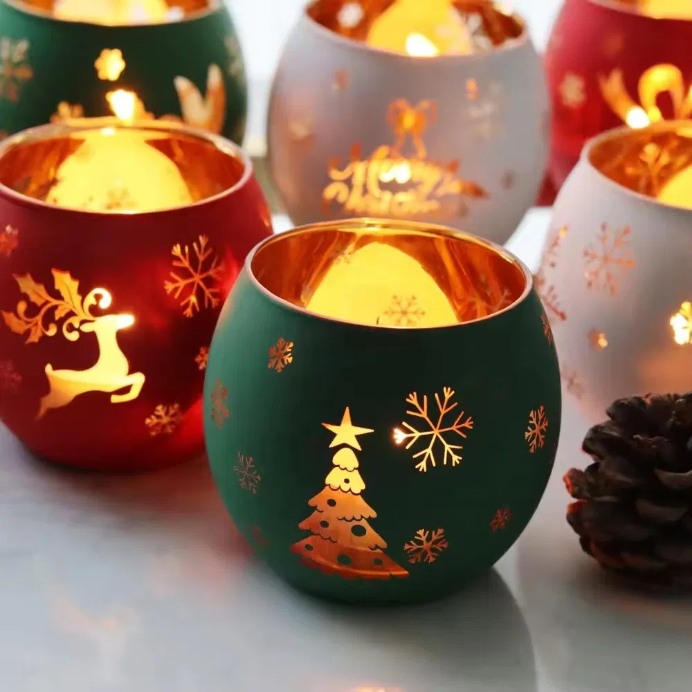 Customize Christmas Gift Candle Holders Hollowed-out Candle Cups Glass Tea Light Candle Jar Christmas Holiday Decorations