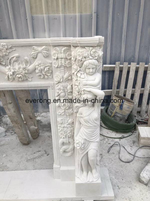 Natural Stone White Marble Fireplace with Carved Angel and Flowers