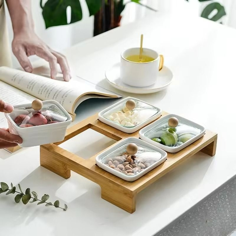 White Ceramic Snack Dishes Presented on Bamboo Board Serving Platter Tray with 6 Ceramic Snack Nibbles Bowls