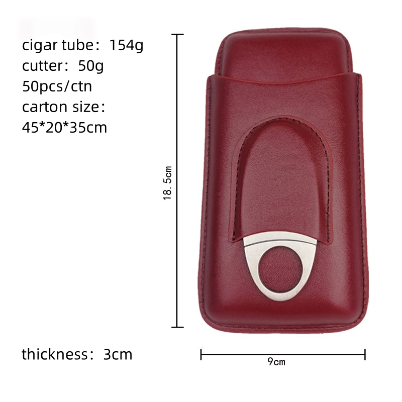 Shunstone Wholesale 3 Finger PU Leather Portable Travel Cigar Tube with Stainless Steel Cigar Cutter
