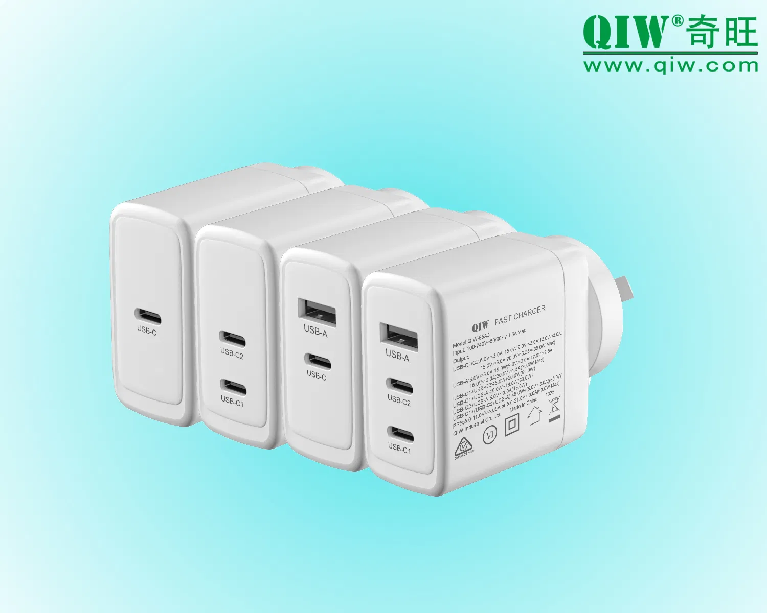 Qiw USB C Charger SAA Rcm Pd USB-C Charger GaN Charger 45W 65W PPS Fast Charger for Au Aus Australia Laptop Tablet Smartphone 20V 2.25A 3.25A as 62368-1