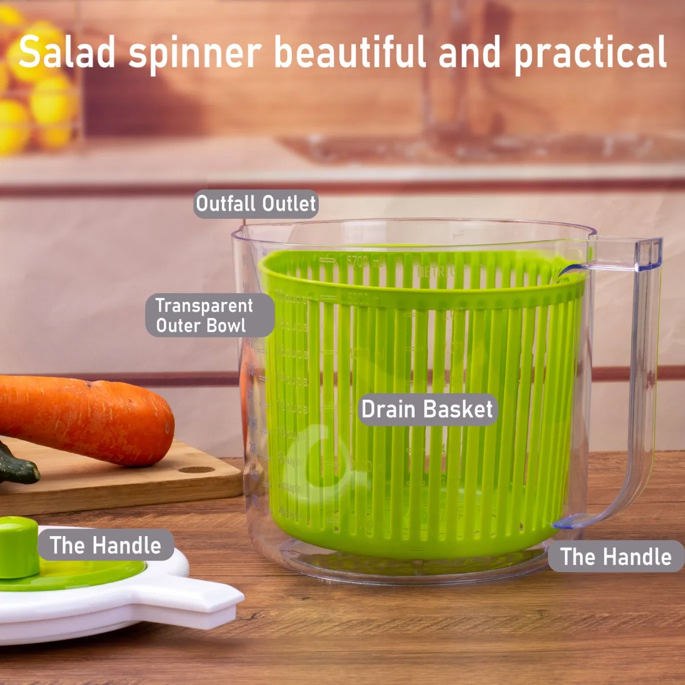 Green Salad Spinner, 5000ml Large Capacity Rotating Vegetable & Lettuce Dryer
