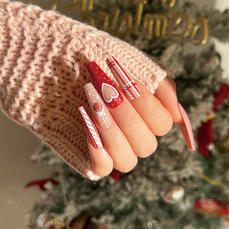 24PCS Medium Almond Red Christmas Press on Nails Snowflake Letter Glitter Stripe Women in Xmas Dating Wedding Party Fake Art Wholesale Long Ballet Matte Nails