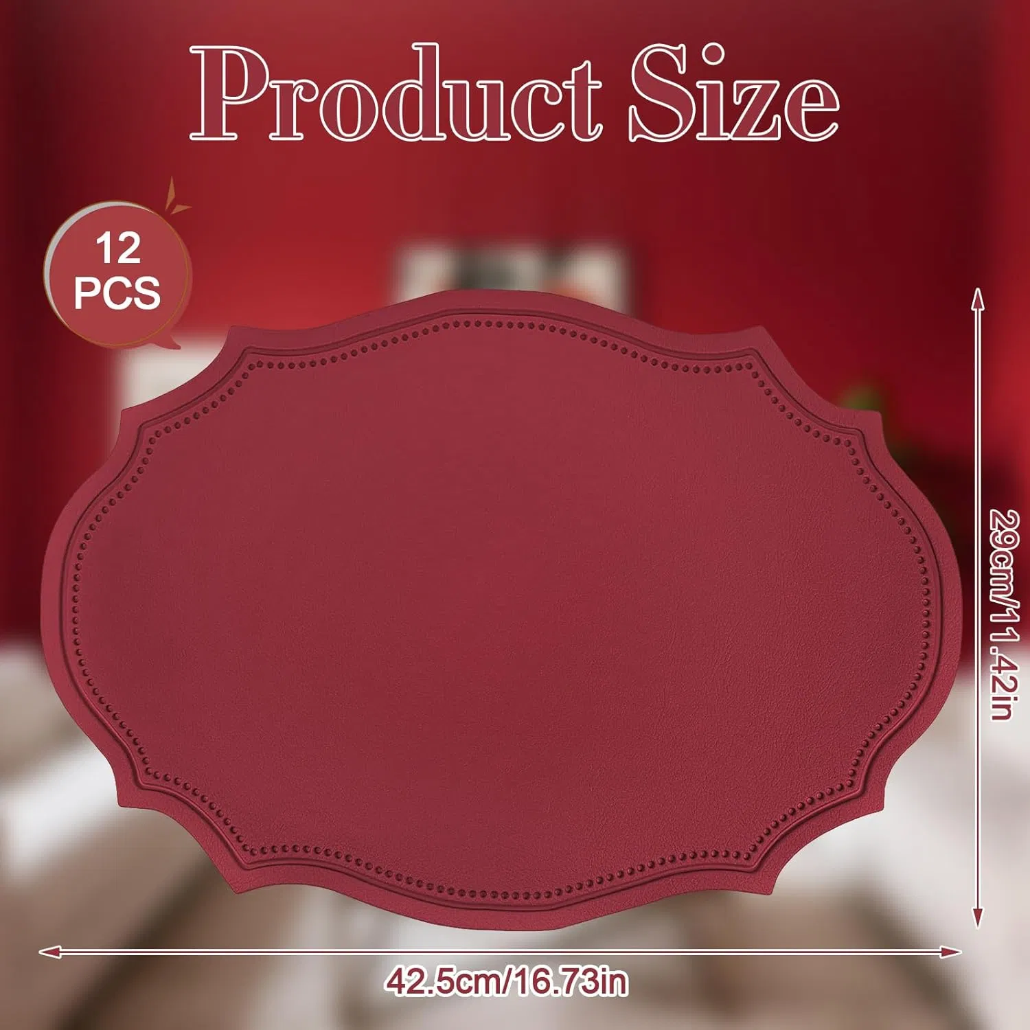 Set of 12 Christmas Oval Vinyl Placemats 17 X 12 Inch Antique Red Faux Leather Placemats Waterproof Placemat Non-Slip Wipeable Heat Resistant for Home Kitchen X